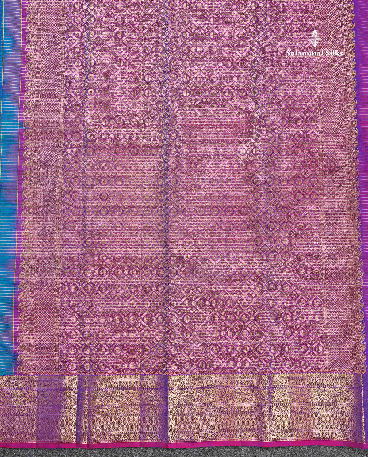 Pure Kanjivaram Silk Saree - Peacock Blue Colour Body Small Checks With Butta & Contrast Purple Border