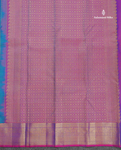 Pure Kanjivaram Silk Saree - Peacock Blue Colour Body Small Checks With Butta & Contrast Purple Border