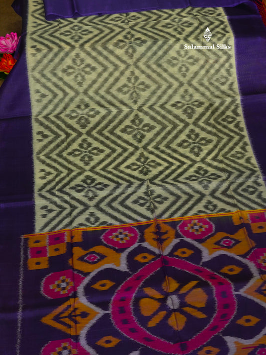 Premium White Pochampalli SICO Cotton Saree With Contrast Violet Border
