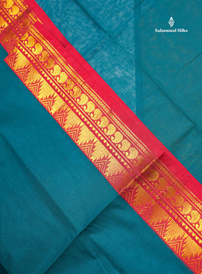Beautiful Dual Tone Blue Plain Pure Cotton Saree With Contrast Red Traditional Border