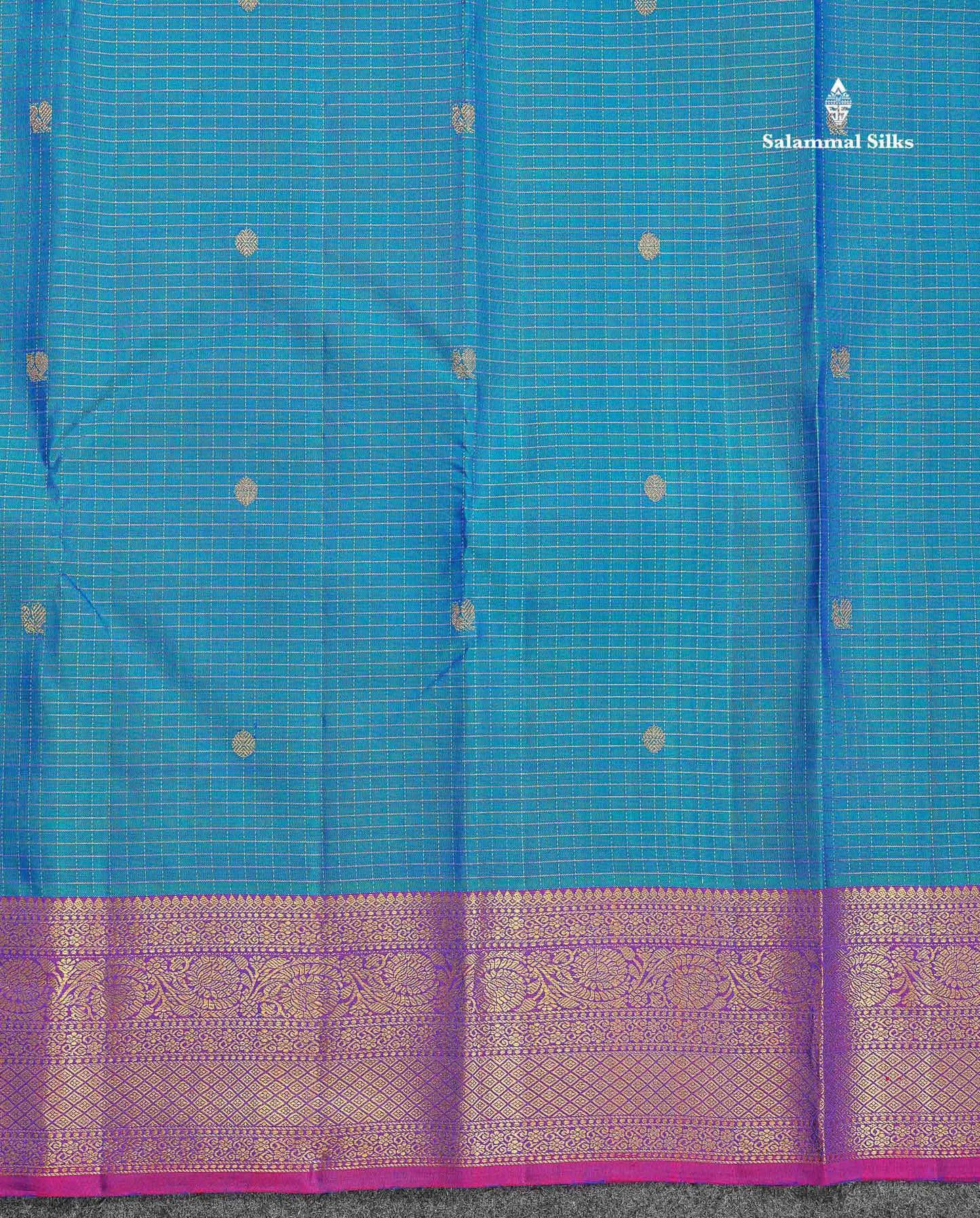 Pure Kanjivaram Silk Saree - Peacock Blue Colour Body Small Checks With Butta & Contrast Purple Border