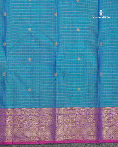 Pure Kanjivaram Silk Saree - Peacock Blue Colour Body Small Checks With Butta & Contrast Purple Border