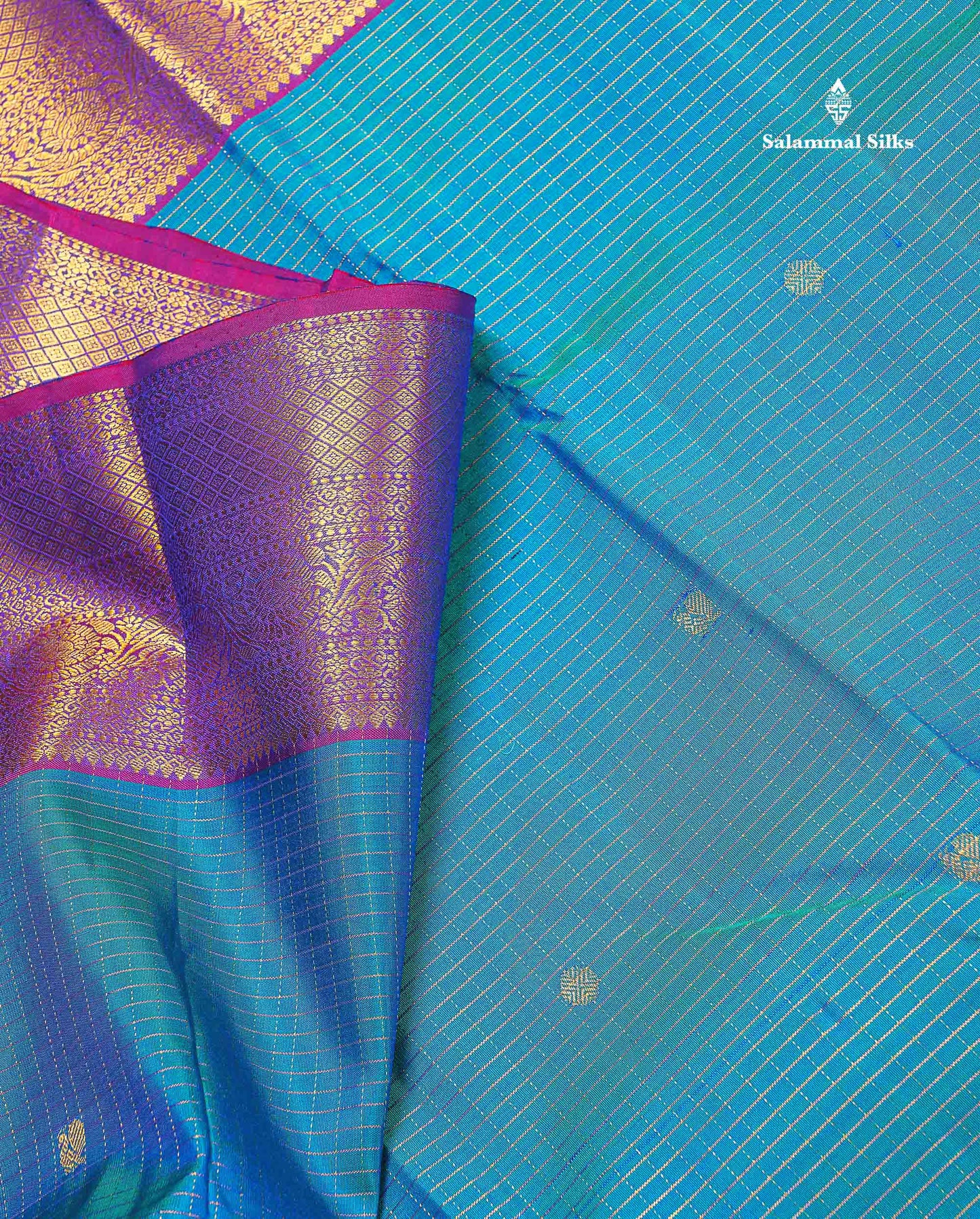 Pure Kanjivaram Silk Saree - Peacock Blue Colour Body Small Checks With Butta & Contrast Purple Border
