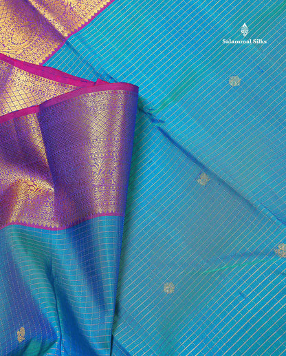 Pure Kanjivaram Silk Saree - Peacock Blue Colour Body Small Checks With Butta & Contrast Purple Border