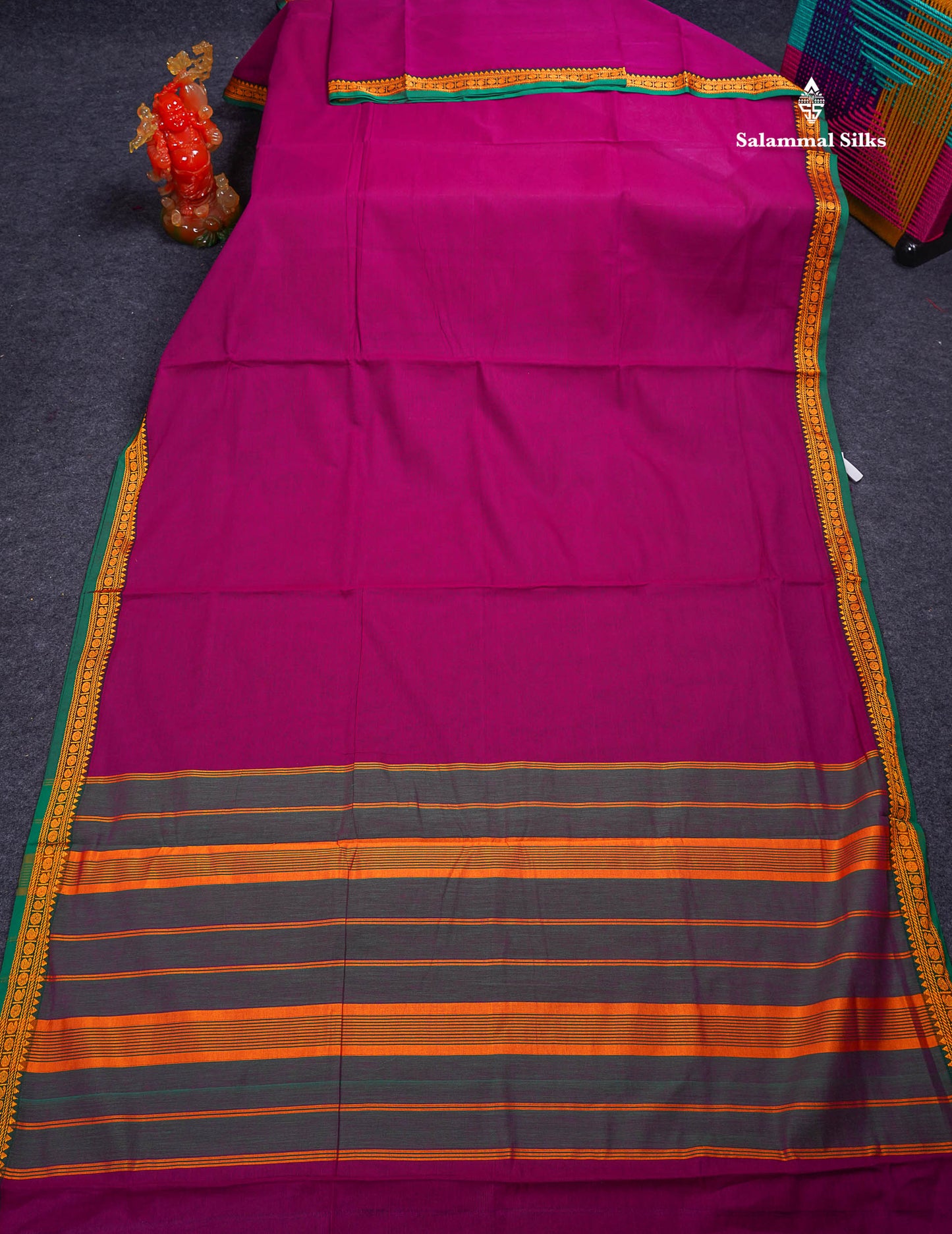 Beautiful Redish Maroon Plain Pure Cotton Saree With Contrast Dual Tone Bottle Green Thread Work Traditional Small Border