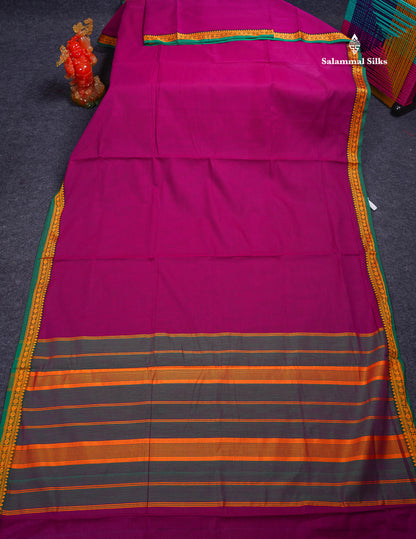 Beautiful Redish Maroon Plain Pure Cotton Saree With Contrast Dual Tone Bottle Green Thread Work Traditional Small Border