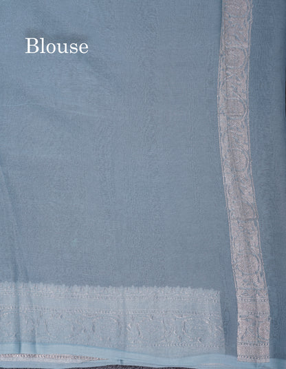 Beautiful Pastel Blue Handloom Banaras Pure Chiffon Saree With Fancy Border