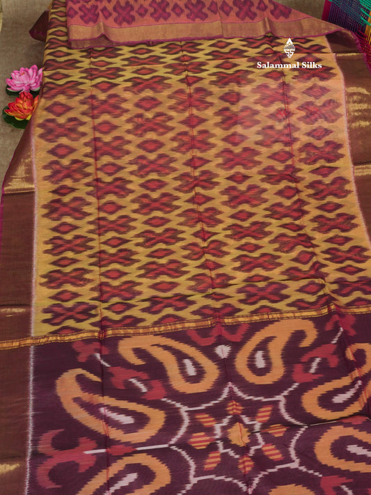Premium Mustard Yellow Pochampalli SICO Cotton Saree With Gold Zari Border