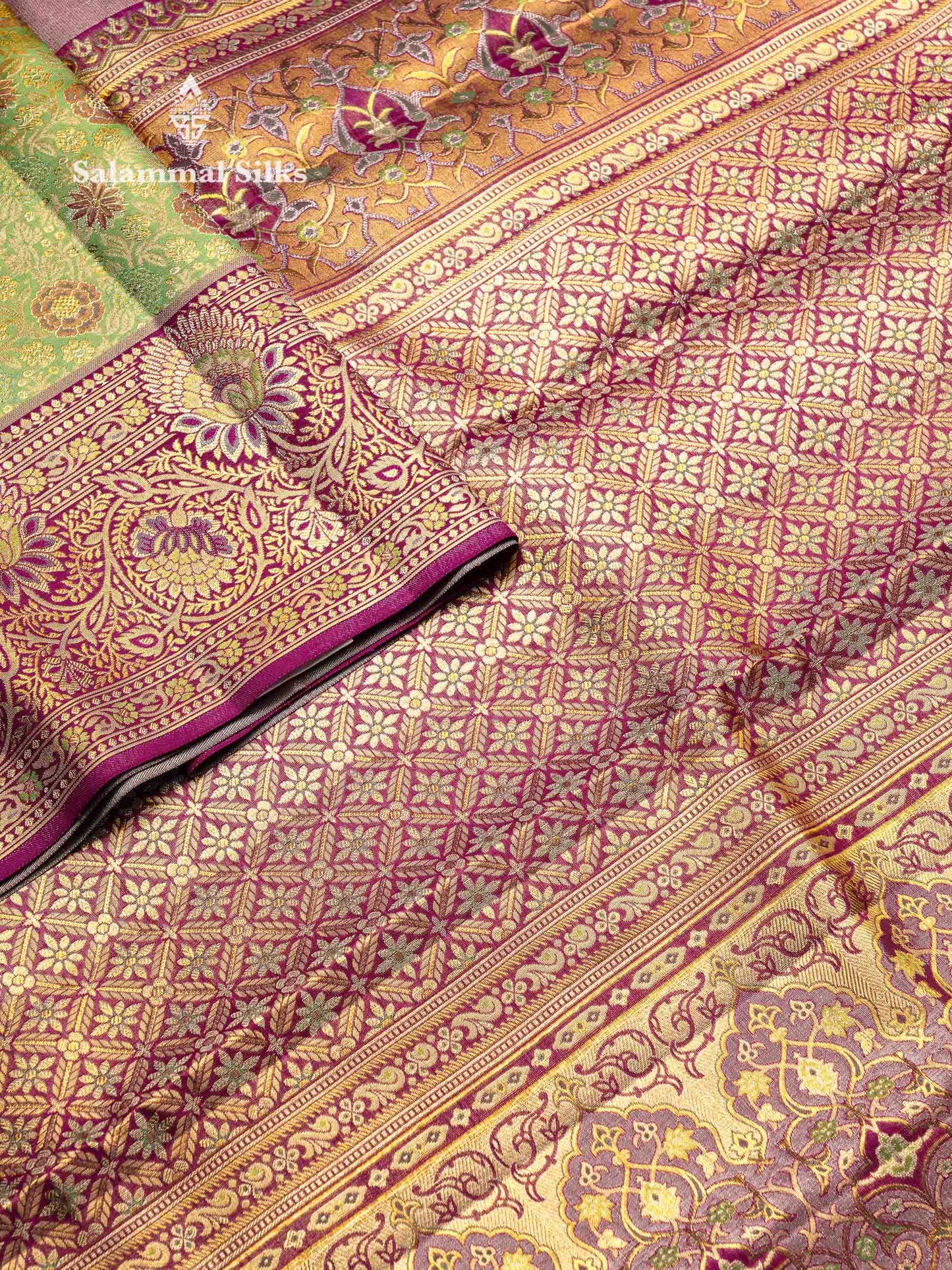 Beautiful Light Green Tissue Bridal Pure Kanjivaram Silk Saree With Contrast Dark Purple Menakari Work Border