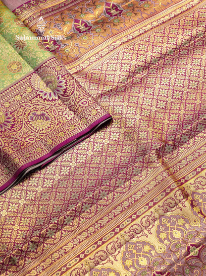 Beautiful Light Green Tissue Bridal Pure Kanjivaram Silk Saree With Contrast Dark Purple Menakari Work Border