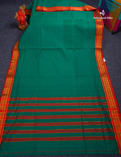 Beautiful Parrot Green Plain Pure Cotton Saree With Contrast Orange Traditional Border