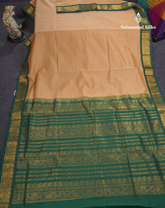 Sandal Plain Semi Silk Cotton Saree With Contrast Bottle Green Traditional Border