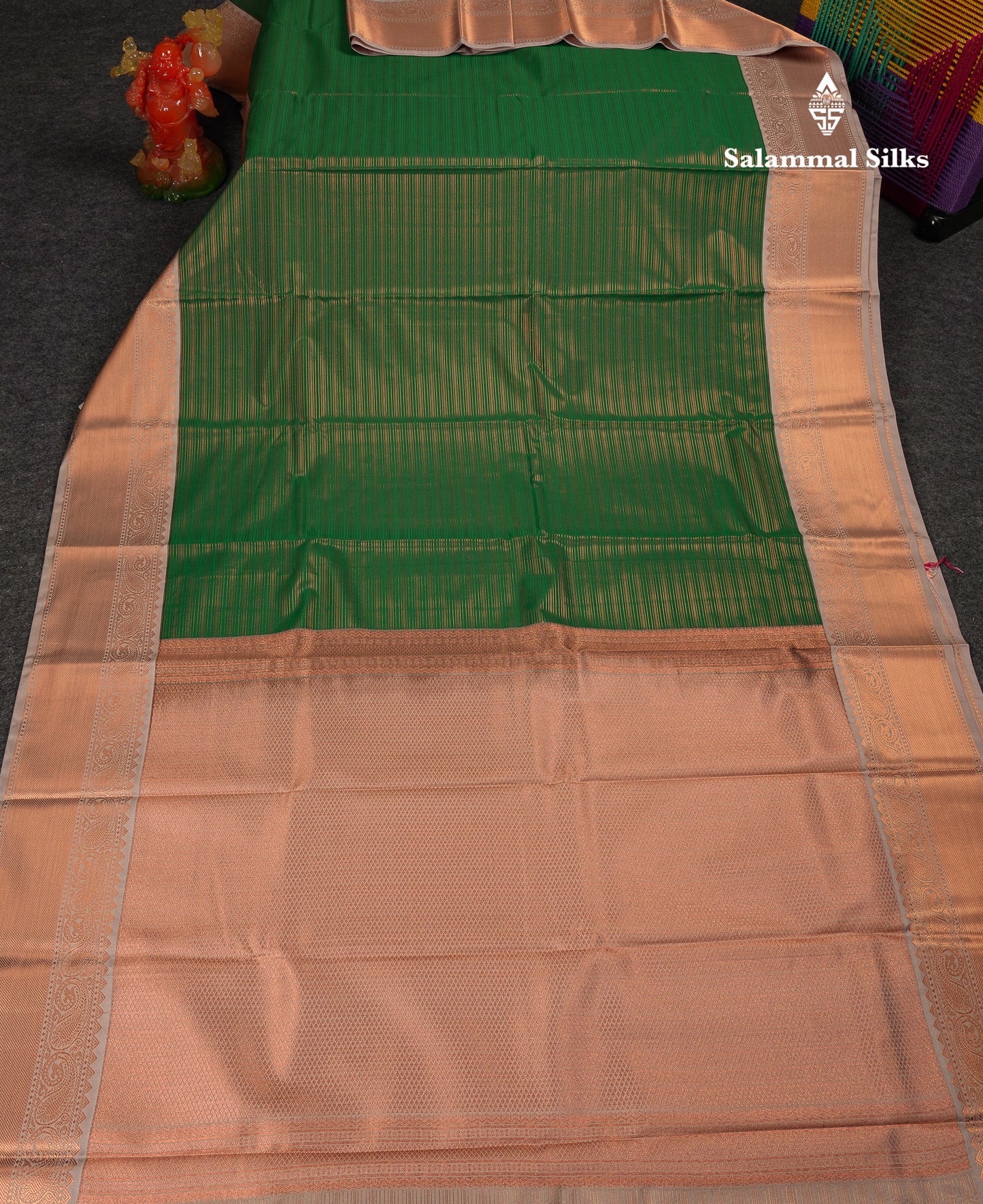 Beautiful Bottle Green Vaira Oosi Lines Semi Silk Saree With Contrast Cream Grey Traditional Border