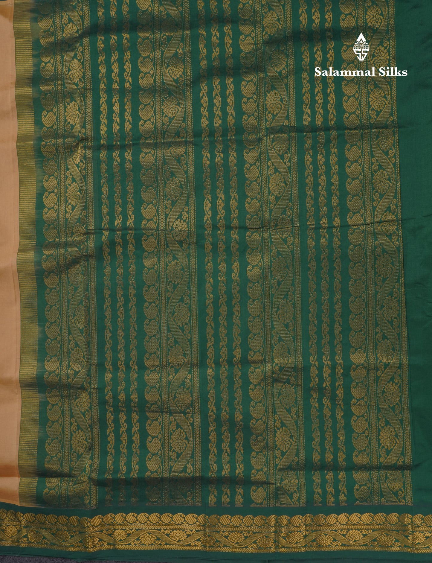 Sandal Plain Semi Silk Cotton Saree With Contrast Bottle Green Traditional Border