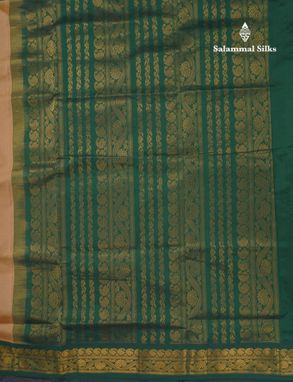 Sandal Plain Semi Silk Cotton Saree With Contrast Bottle Green Traditional Border