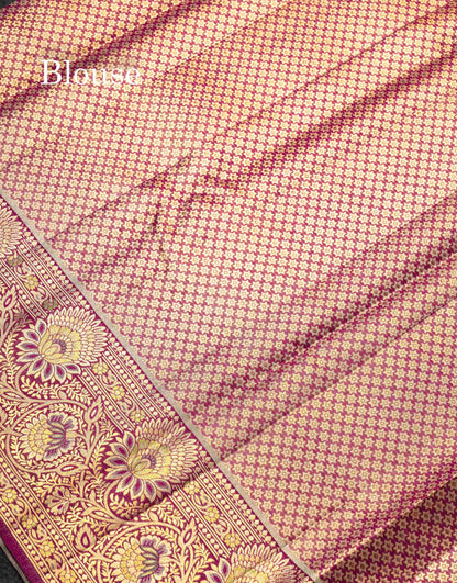 Beautiful Light Green Tissue Bridal Pure Kanjivaram Silk Saree With Contrast Dark Purple Menakari Work Border