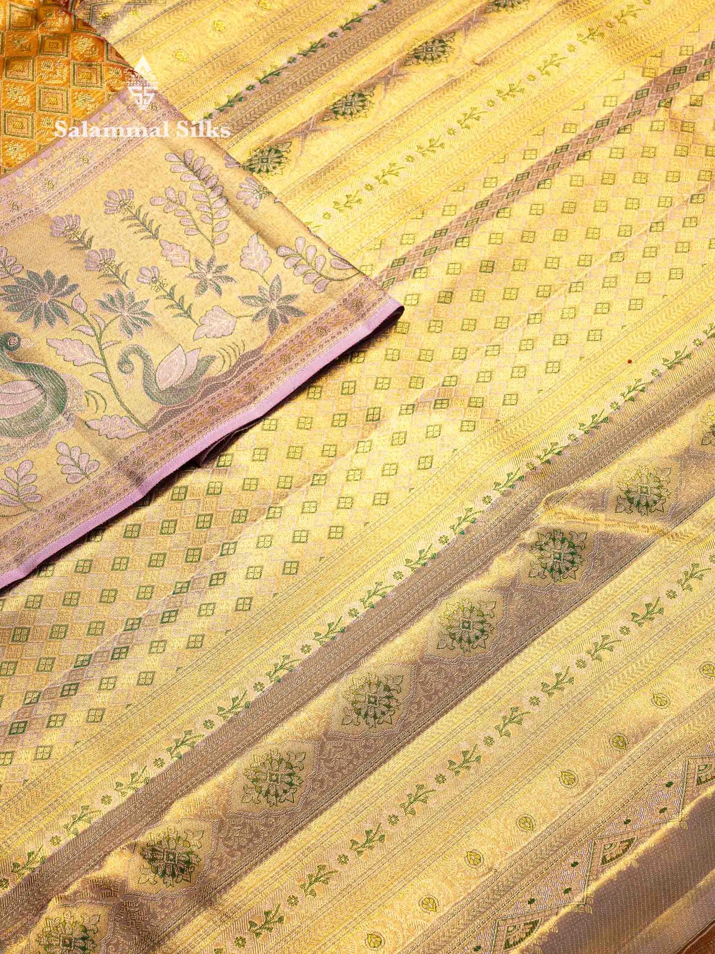 Beautiful Gold Tissue Bridal Pure Kanjivaram Silk Saree With Contrast Light Lavender Fancy Border