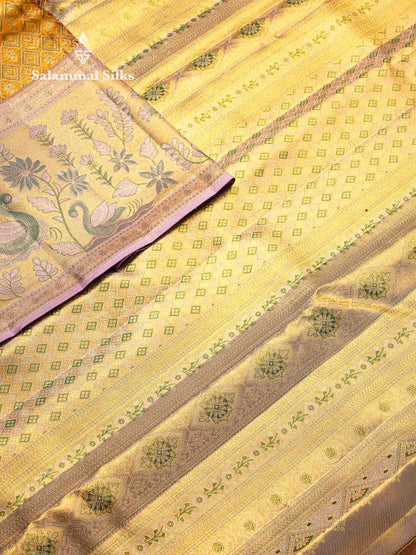 Beautiful Gold Tissue Bridal Pure Kanjivaram Silk Saree With Contrast Light Lavender Fancy Border