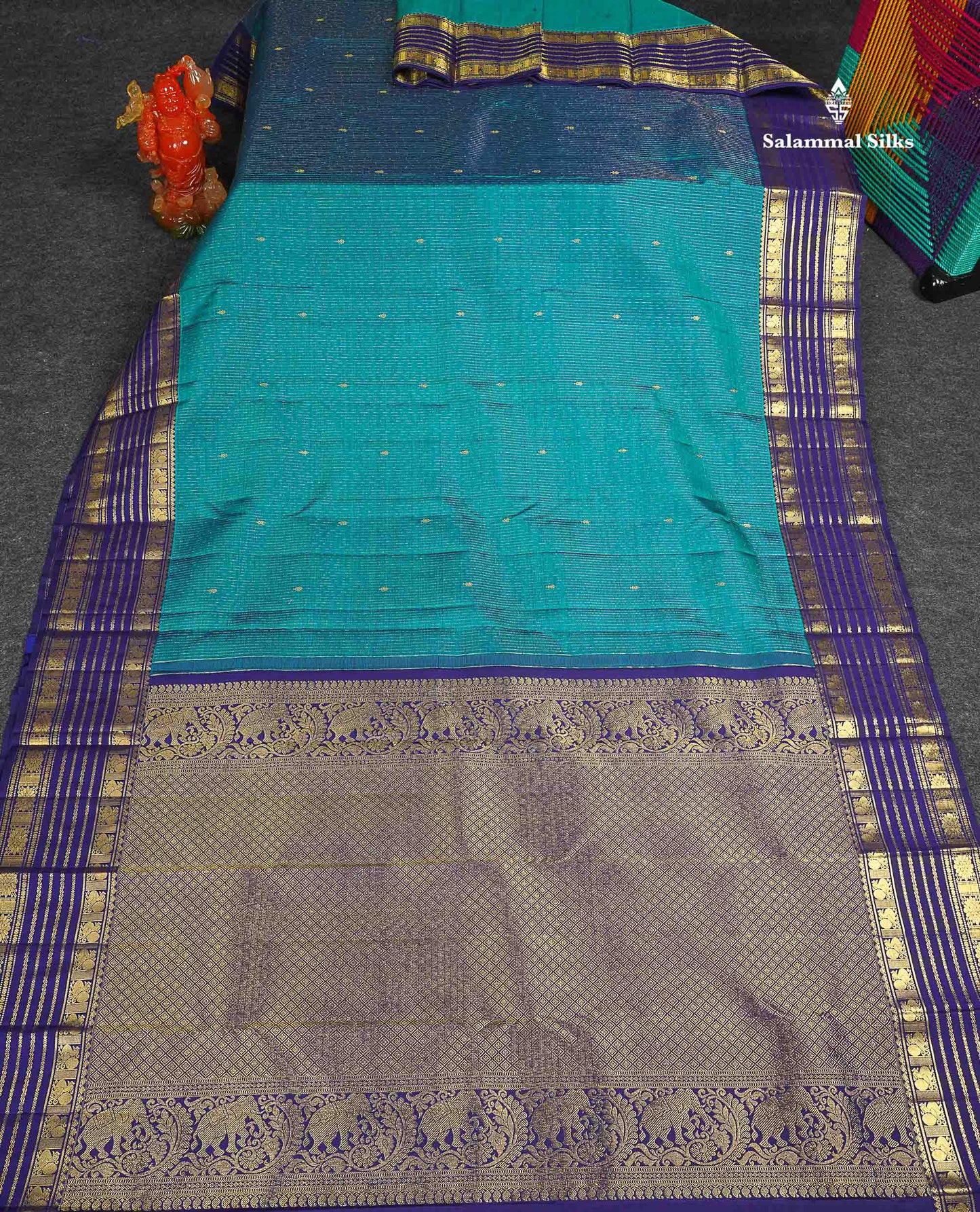 Pure Kanjivaram Silk Saree - Petrol Blue Colour Body Vertical Lines With Butta & Navy Blue Traditional Border