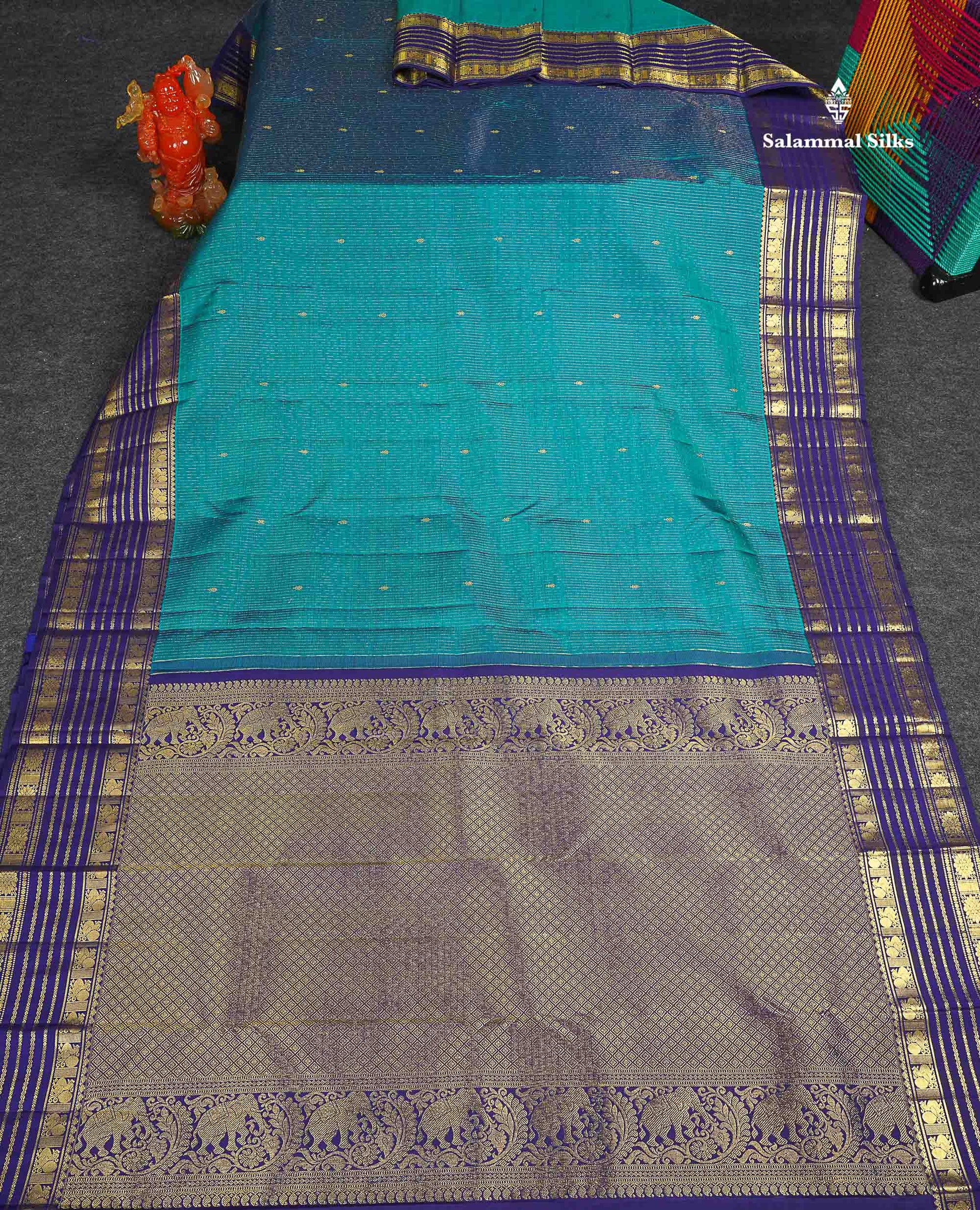 Pure Kanjivaram Silk Saree - Petrol Blue Colour Body Vertical Lines With Butta & Navy Blue Traditional Border