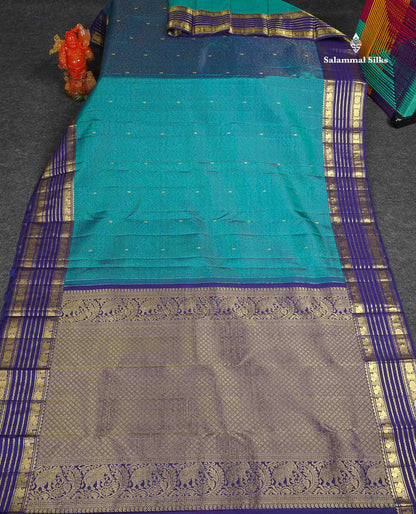 Pure Kanjivaram Silk Saree - Petrol Blue Colour Body Vertical Lines With Butta & Navy Blue Traditional Border