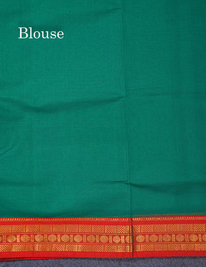 Beautiful Parrot Green Plain Pure Cotton Saree With Contrast Orange Traditional Border