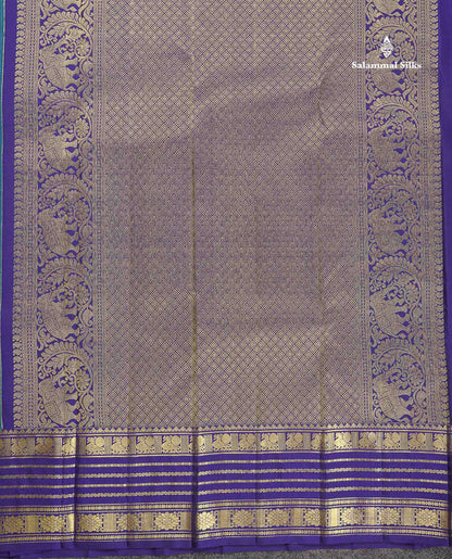 Pure Kanjivaram Silk Saree - Petrol Blue Colour Body Vertical Lines With Butta & Navy Blue Traditional Border