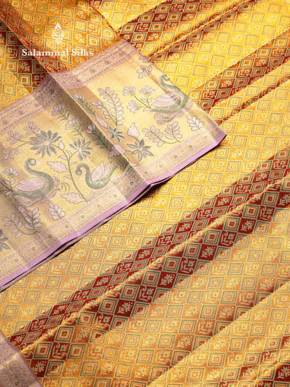 Beautiful Gold Tissue Bridal Pure Kanjivaram Silk Saree With Contrast Light Lavender Fancy Border