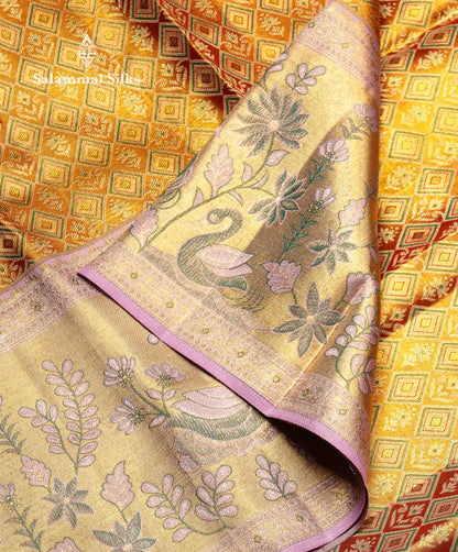 Beautiful Gold Tissue Bridal Pure Kanjivaram Silk Saree With Contrast Light Lavender Fancy Border