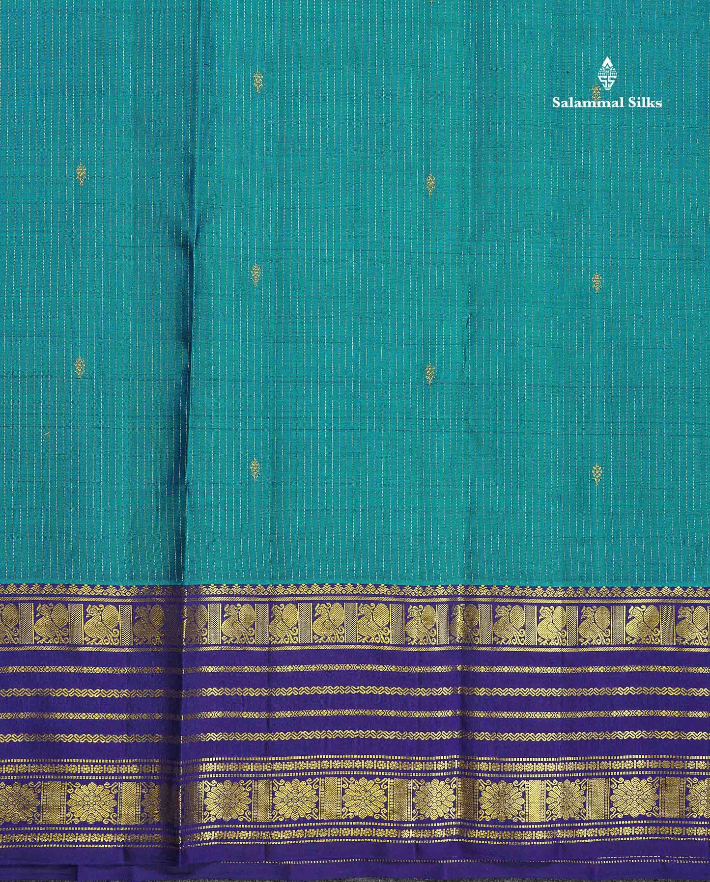 Pure Kanjivaram Silk Saree - Petrol Blue Colour Body Vertical Lines With Butta & Navy Blue Traditional Border