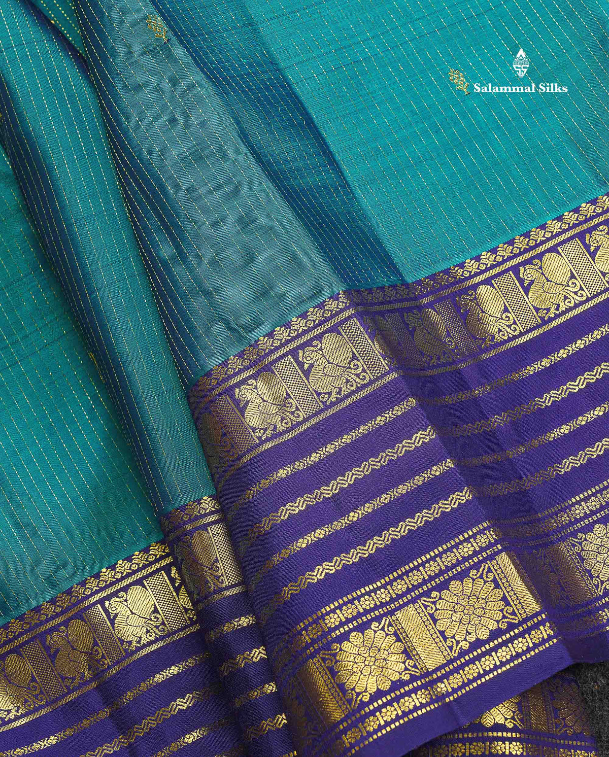 Pure Kanjivaram Silk Saree - Petrol Blue Colour Body Vertical Lines With Butta & Navy Blue Traditional Border