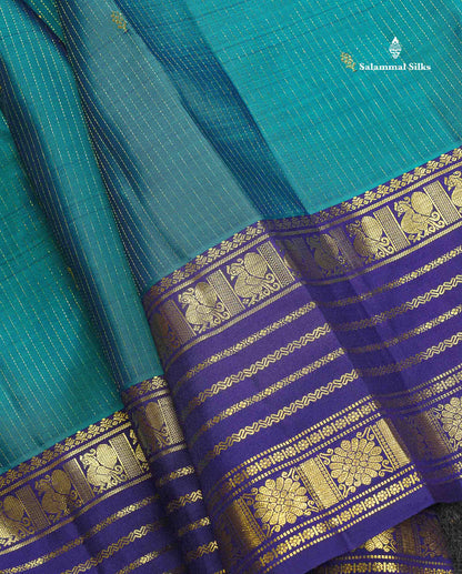 Pure Kanjivaram Silk Saree - Petrol Blue Colour Body Vertical Lines With Butta & Navy Blue Traditional Border