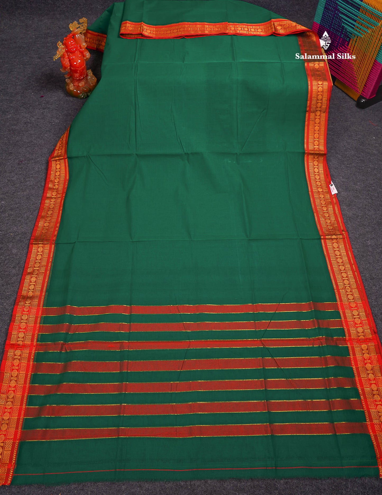 Beautiful Parrot Green Plain Pure Cotton Saree With Contrast Orange Traditional Border