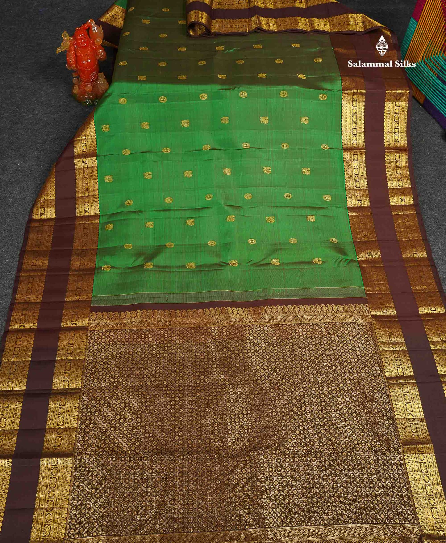 Pure Kanjivaram Silk Saree - Bottle Green Colour Body Zari Butta With Contrast Dark Brown Gap Border