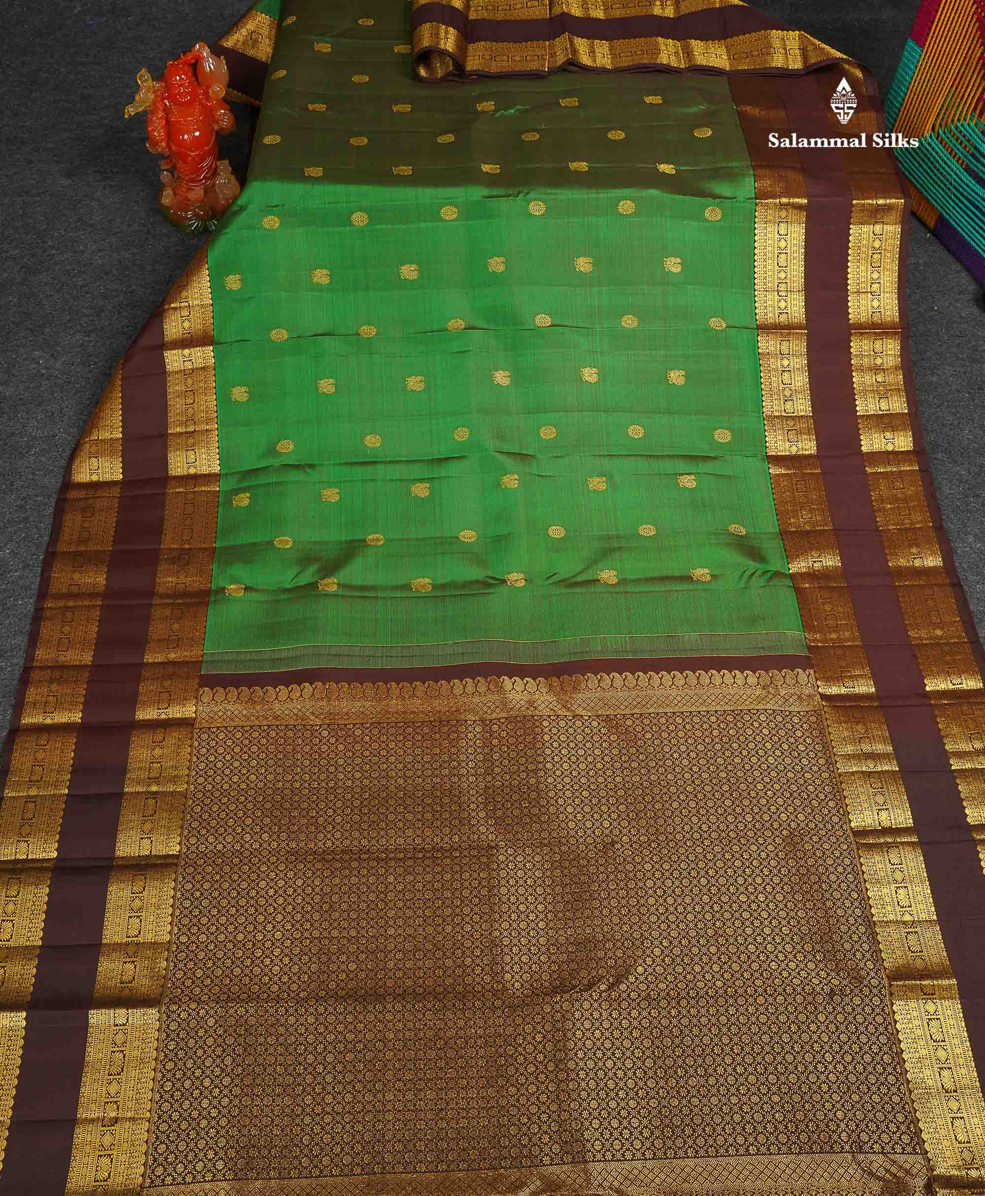 Pure Kanjivaram Silk Saree - Bottle Green Colour Body Zari Butta With Contrast Dark Brown Gap Border
