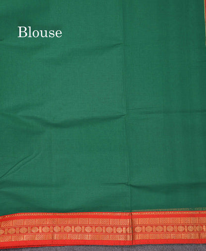 Beautiful Parrot Green Plain Pure Cotton Saree With Contrast Orange Traditional Border