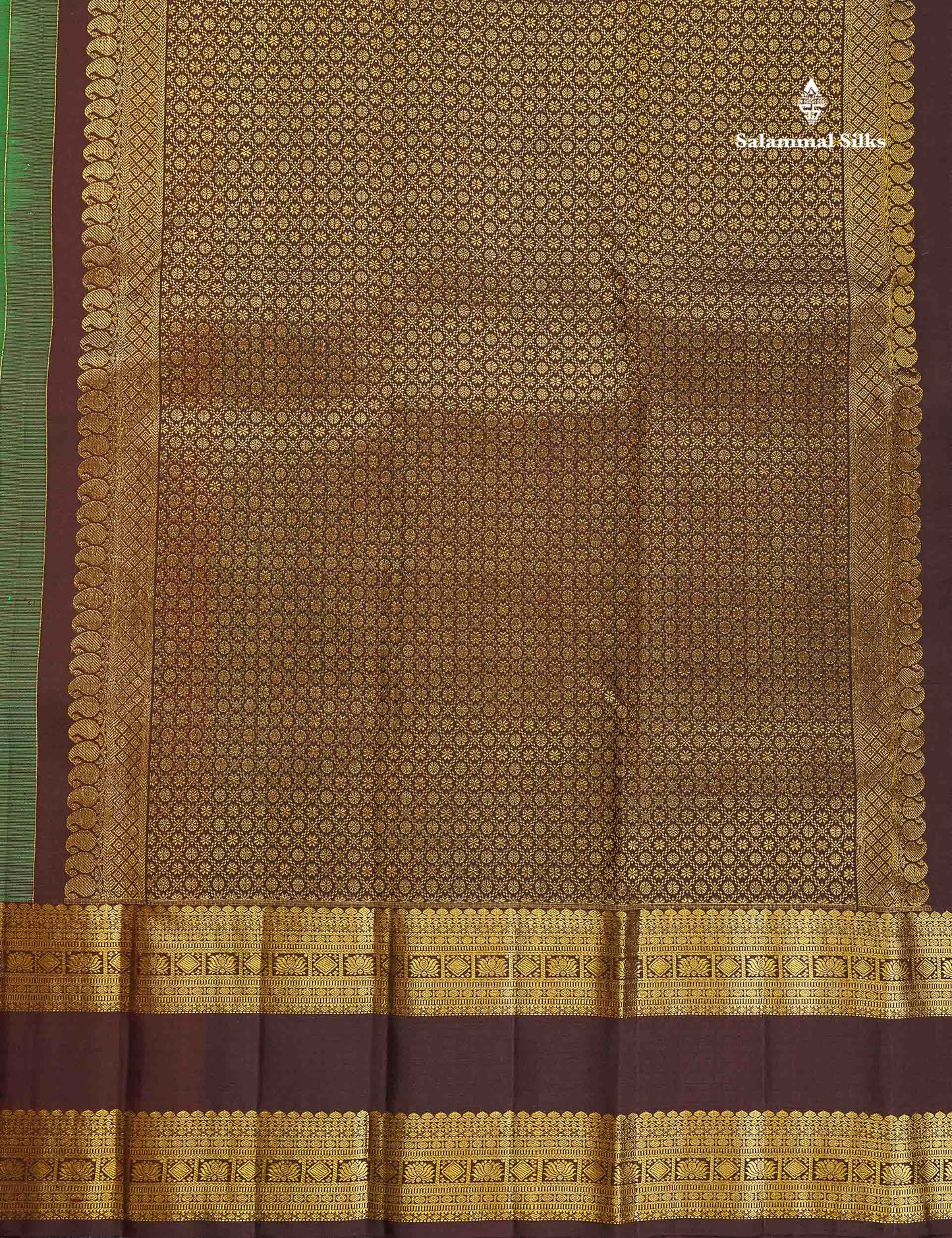 Pure Kanjivaram Silk Saree - Bottle Green Colour Body Zari Butta With Contrast Dark Brown Gap Border