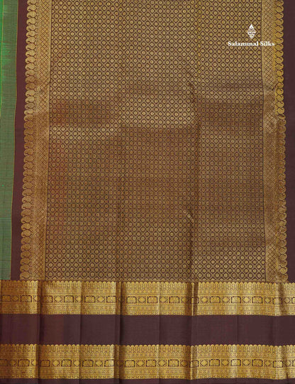 Pure Kanjivaram Silk Saree - Bottle Green Colour Body Zari Butta With Contrast Dark Brown Gap Border