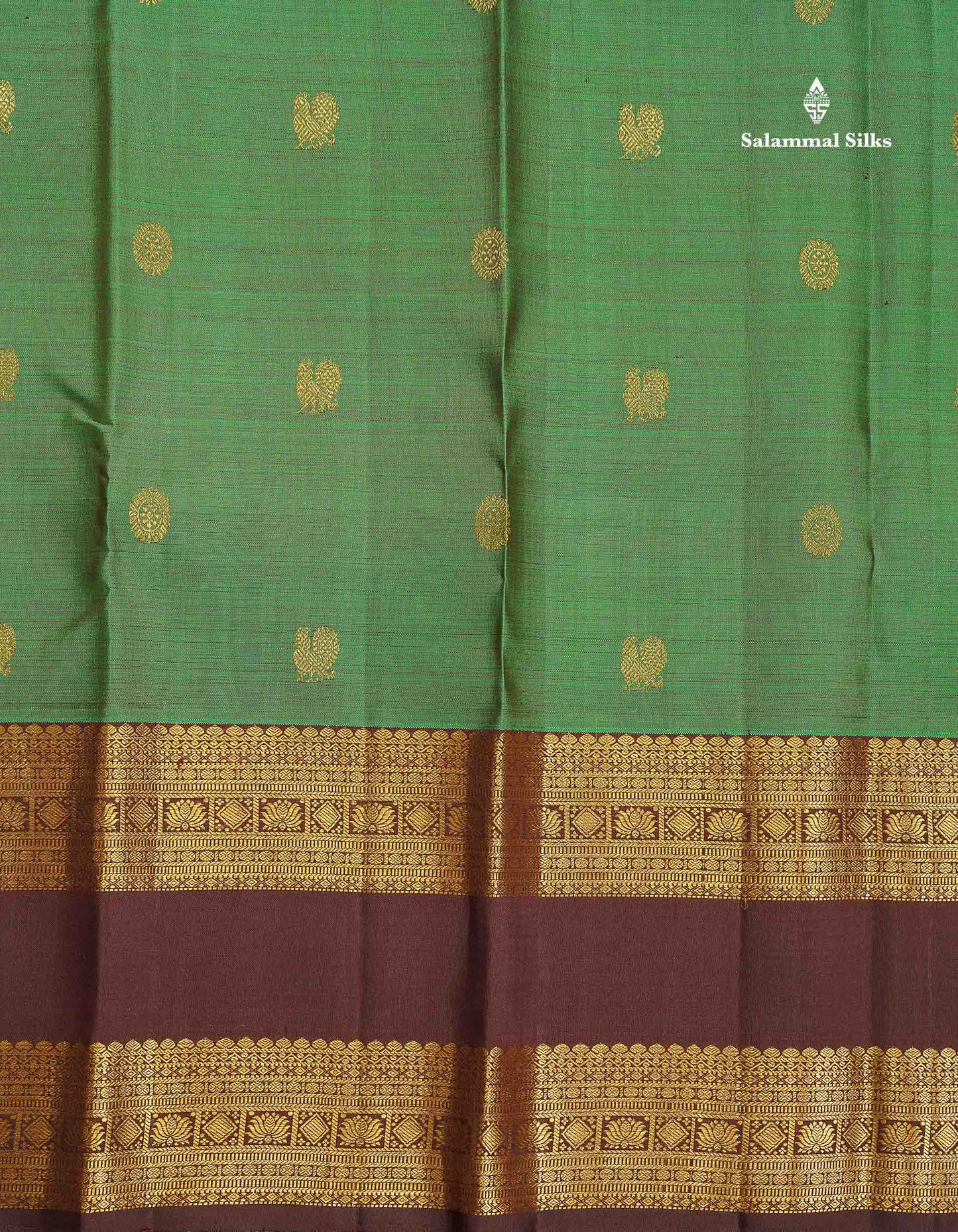 Pure Kanjivaram Silk Saree - Bottle Green Colour Body Zari Butta With Contrast Dark Brown Gap Border