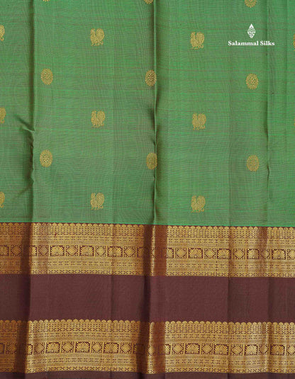 Pure Kanjivaram Silk Saree - Bottle Green Colour Body Zari Butta With Contrast Dark Brown Gap Border