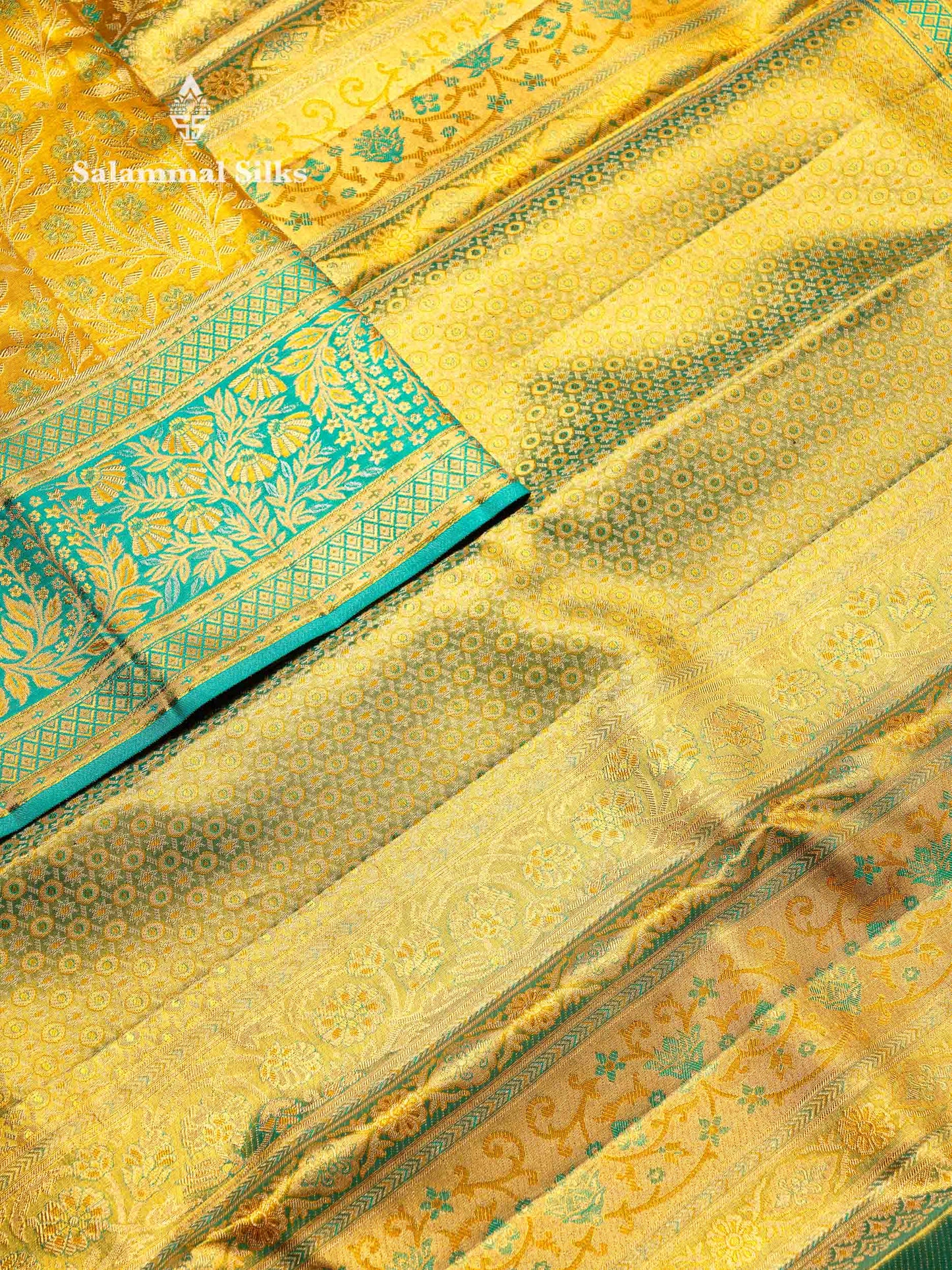Beautiful Golden Yellow Tissue Bridal Pure Kanjivaram Silk Saree With Contrast Sapphire Green Fancy Border