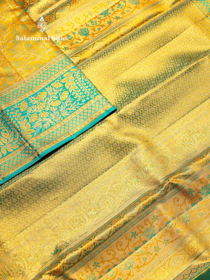 Beautiful Golden Yellow Tissue Bridal Pure Kanjivaram Silk Saree With Contrast Sapphire Green Fancy Border