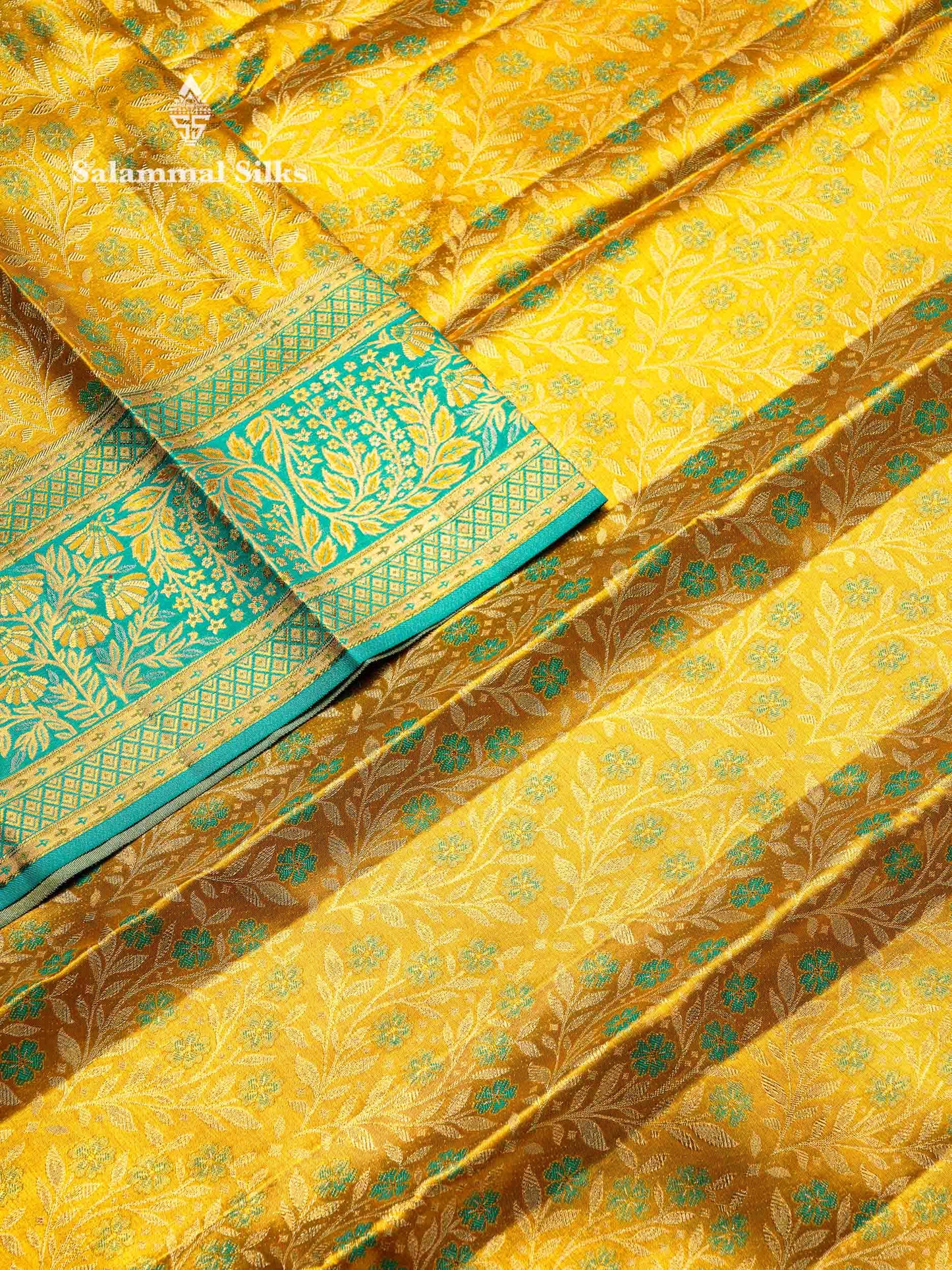 Beautiful Golden Yellow Tissue Bridal Pure Kanjivaram Silk Saree With Contrast Sapphire Green Fancy Border