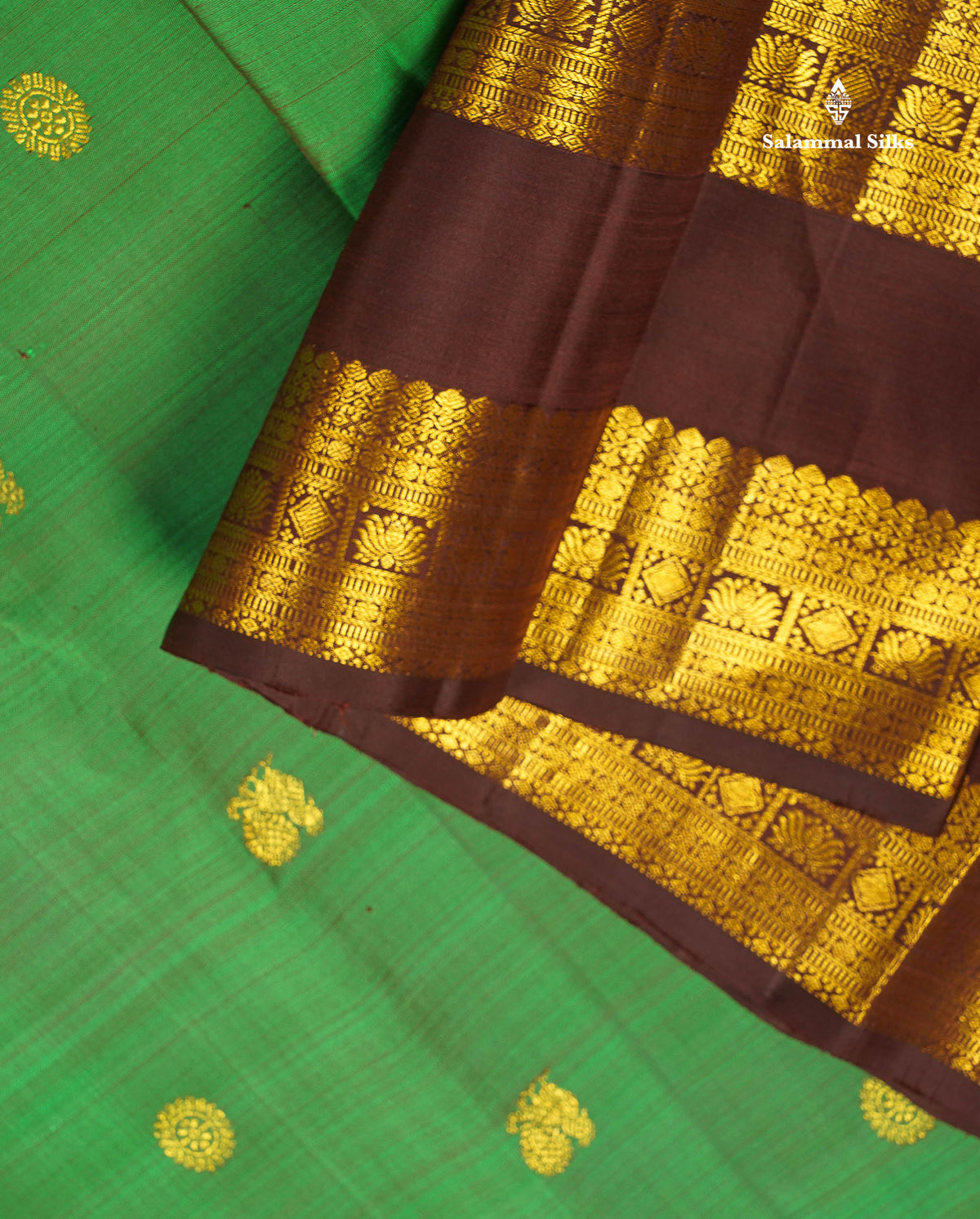 Pure Kanjivaram Silk Saree - Bottle Green Colour Body Zari Butta With Contrast Dark Brown Gap Border