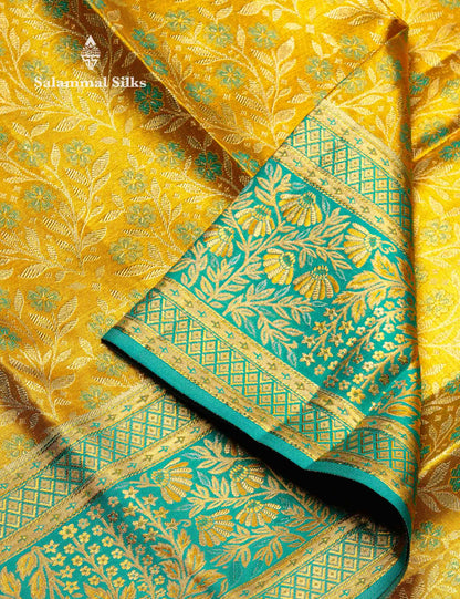 Beautiful Golden Yellow Tissue Bridal Pure Kanjivaram Silk Saree With Contrast Sapphire Green Fancy Border