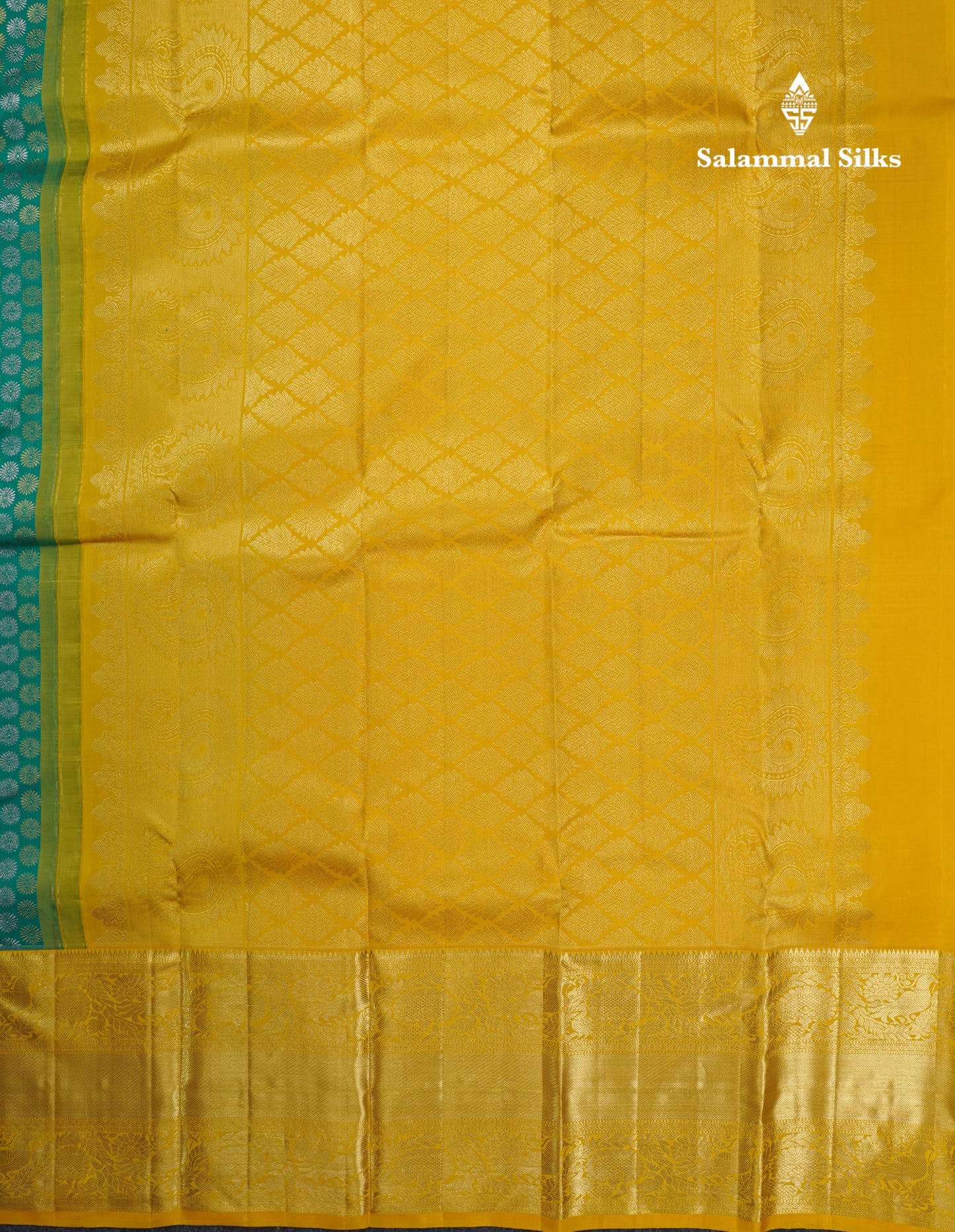 Saffire Green Bridal Pure Kanjivaram Silk Saree With Contrast Yellow Traditional Evening Morning Border