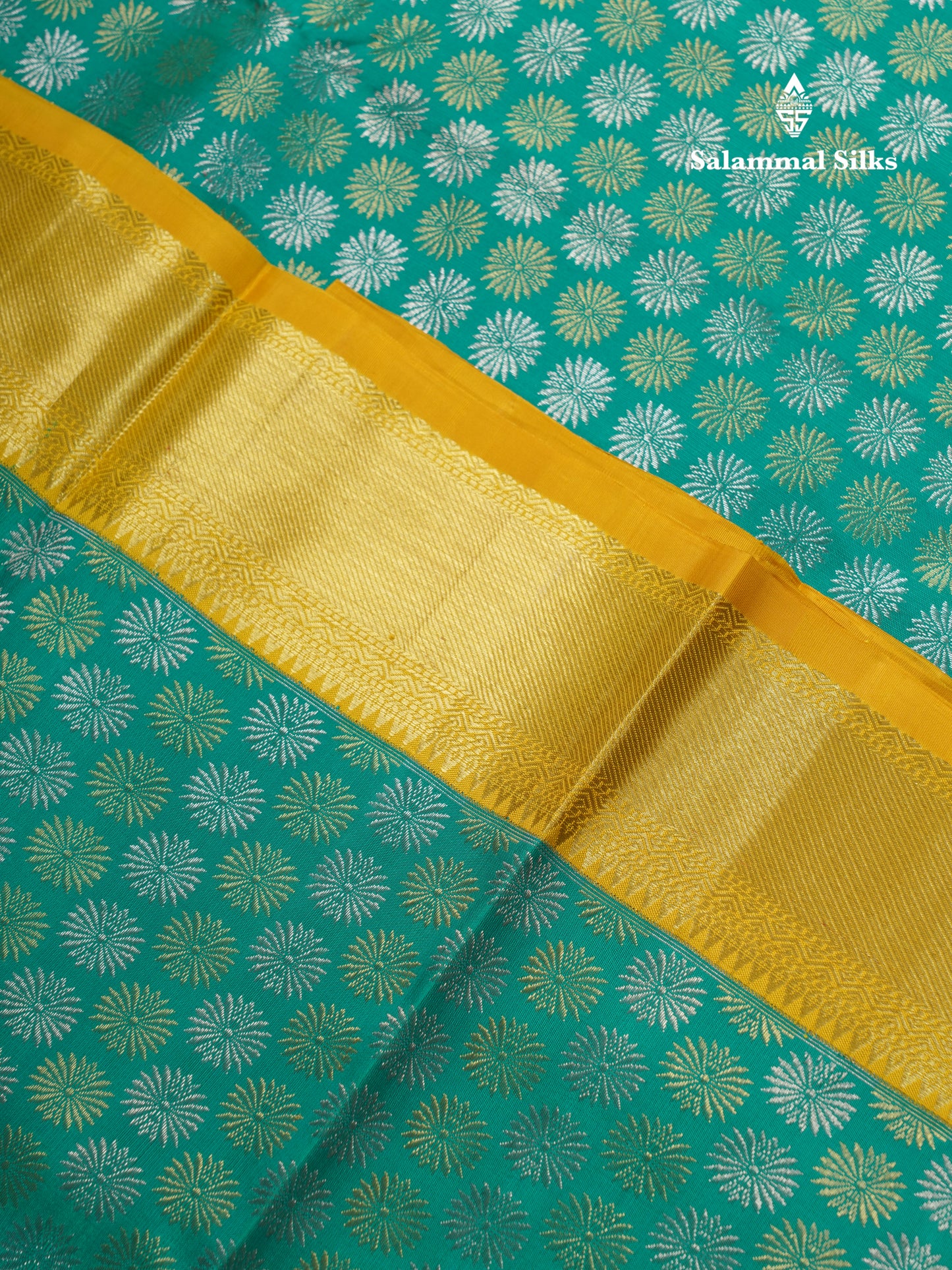 Saffire Green Bridal Pure Kanjivaram Silk Saree With Contrast Yellow Traditional Evening Morning Border
