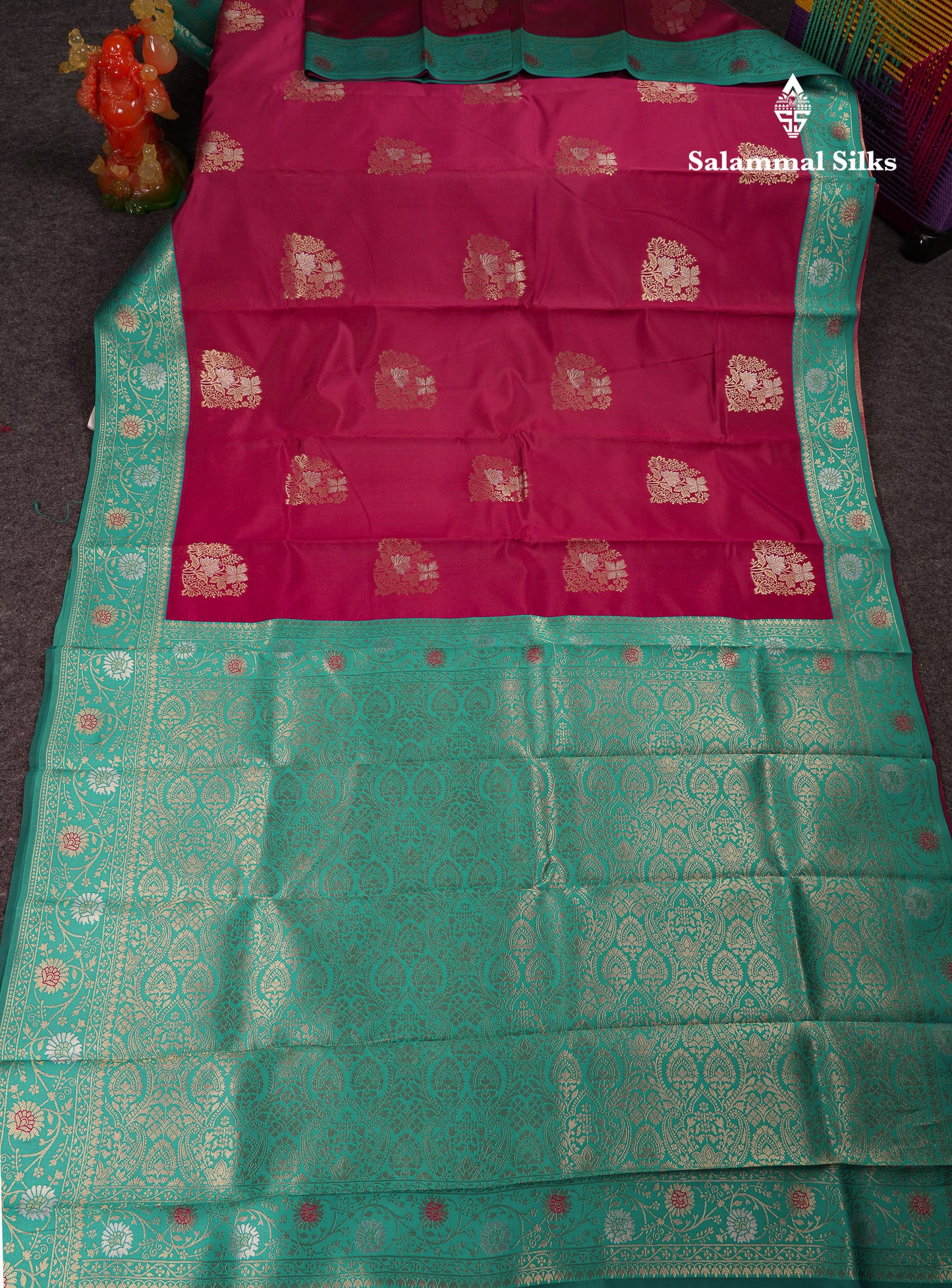 Beautiful Redish Maroon Semi Silk Saree With Contrast Sapphire Green Fancy Border