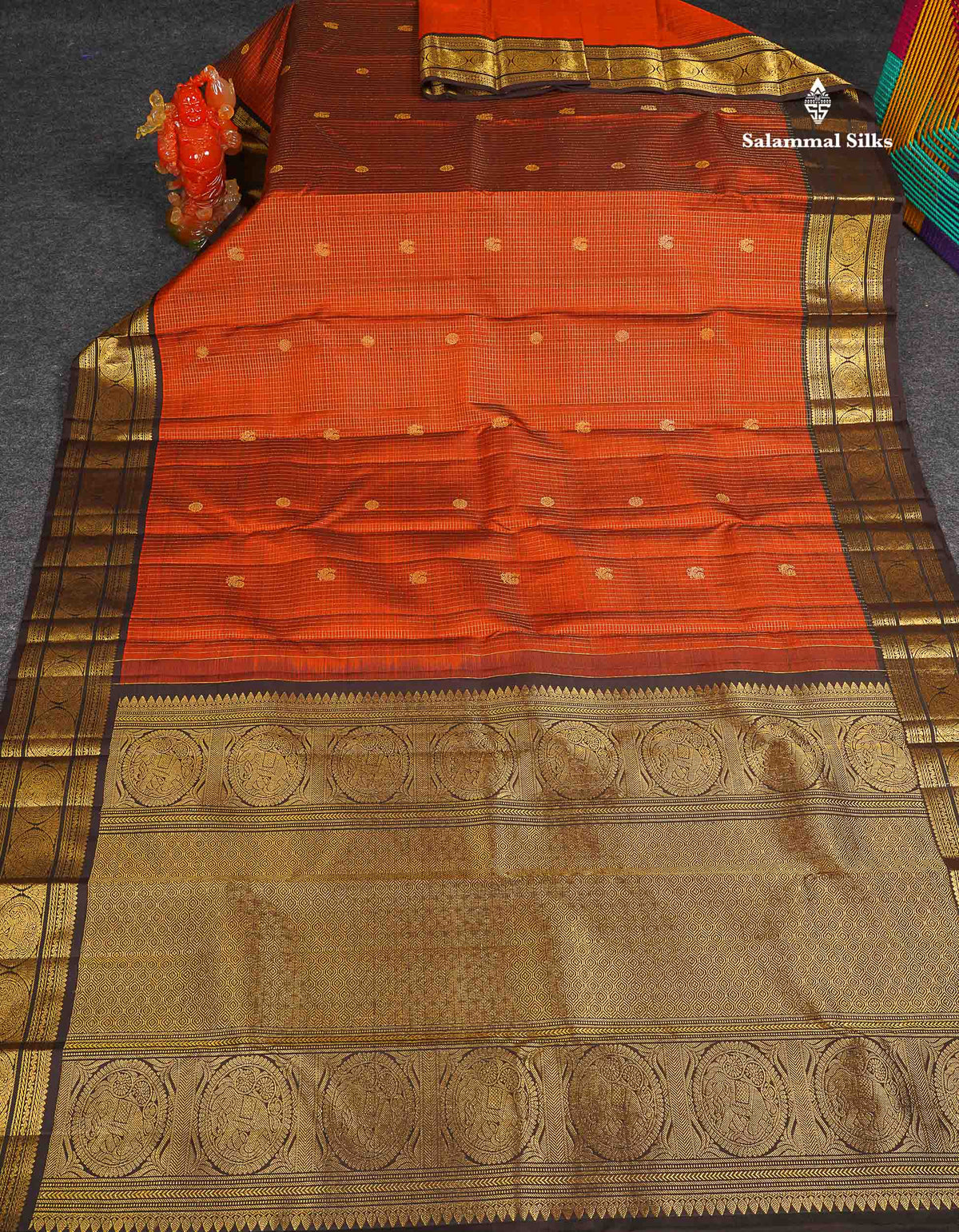 Pure Kanjivaram Silk Saree - Rust Orange Colour Body Checks With Butta & Contrast Dark Brown Traditional Border