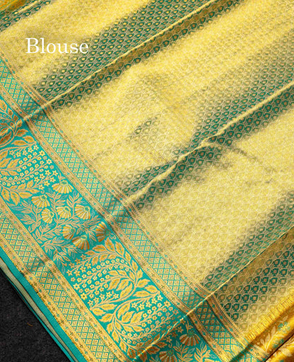 Beautiful Golden Yellow Tissue Bridal Pure Kanjivaram Silk Saree With Contrast Sapphire Green Fancy Border